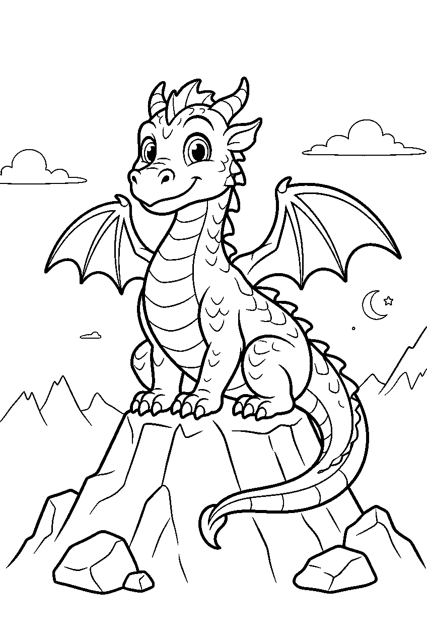 dragon in mountain peak line art
