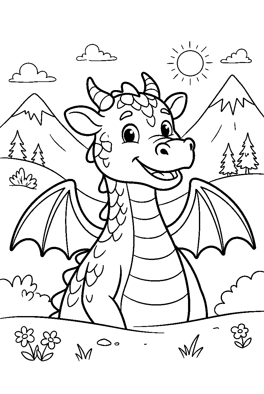 dragon in mountain valley line art