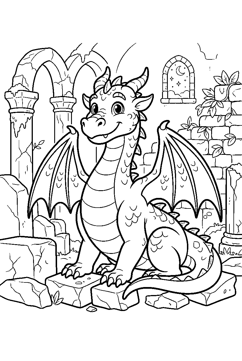dragon in mystical ruins line art