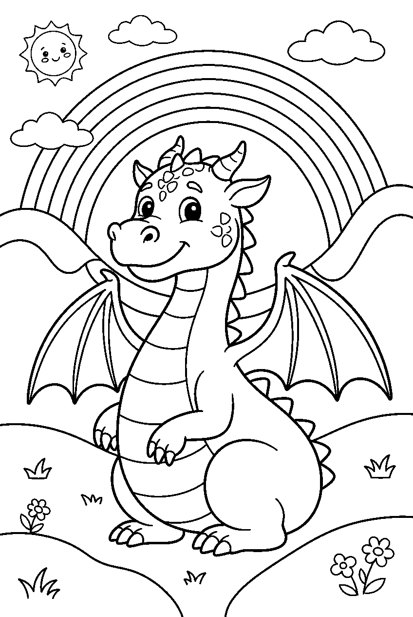 dragon in rainbow valley line art