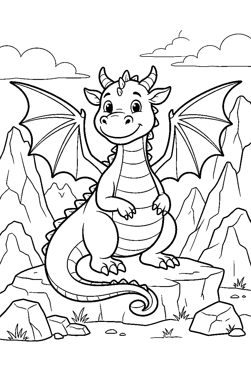 dragon in rocky mountains line art