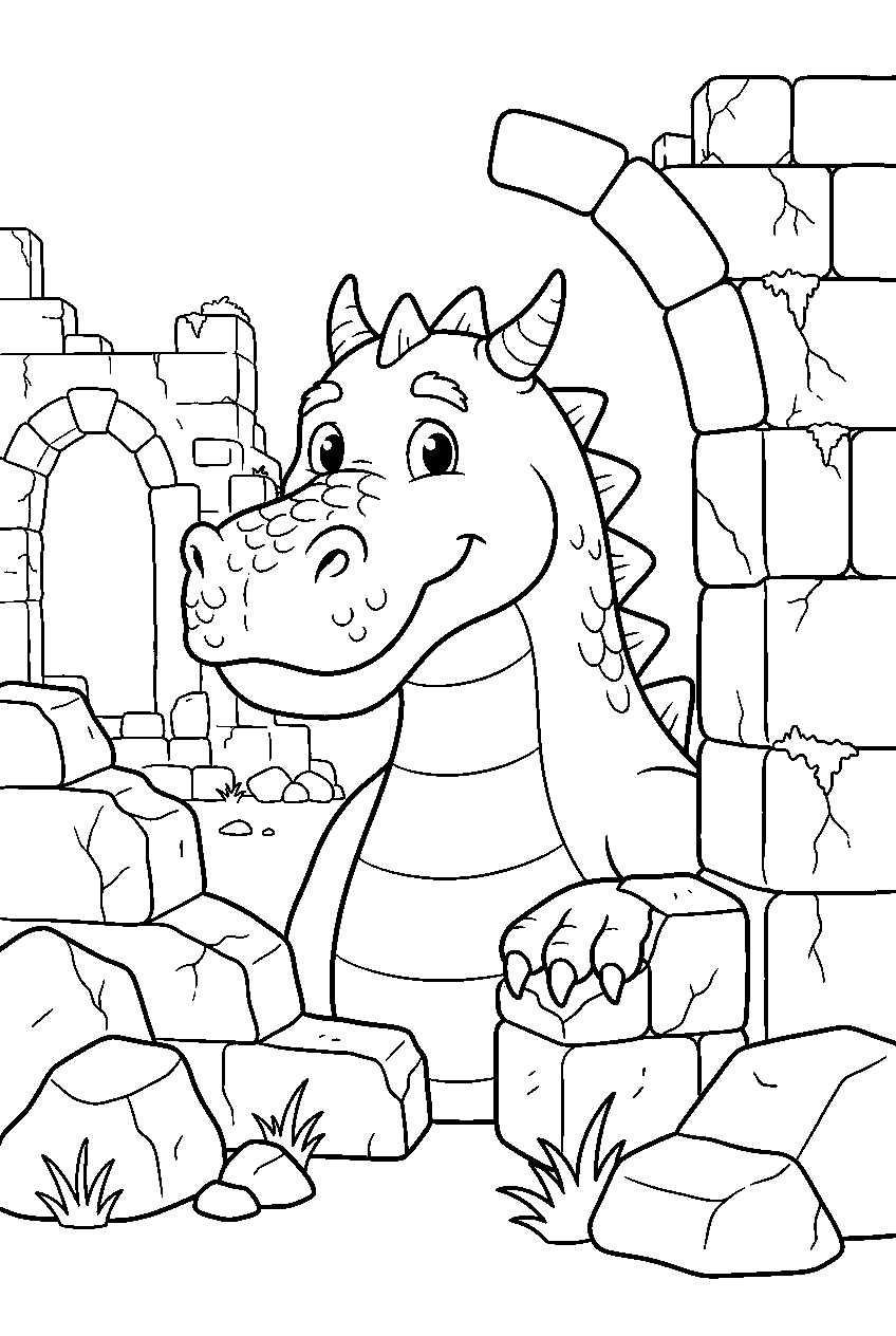 dragon in ruined fortress line art