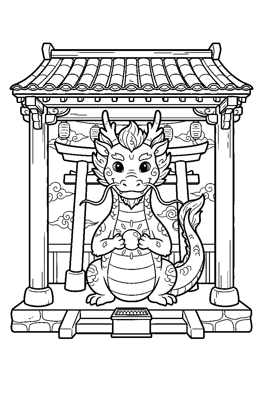 dragon in sacred shrine line art