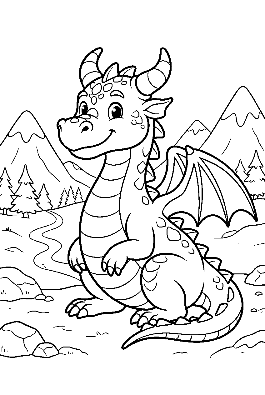 dragon in snowy mountains line art