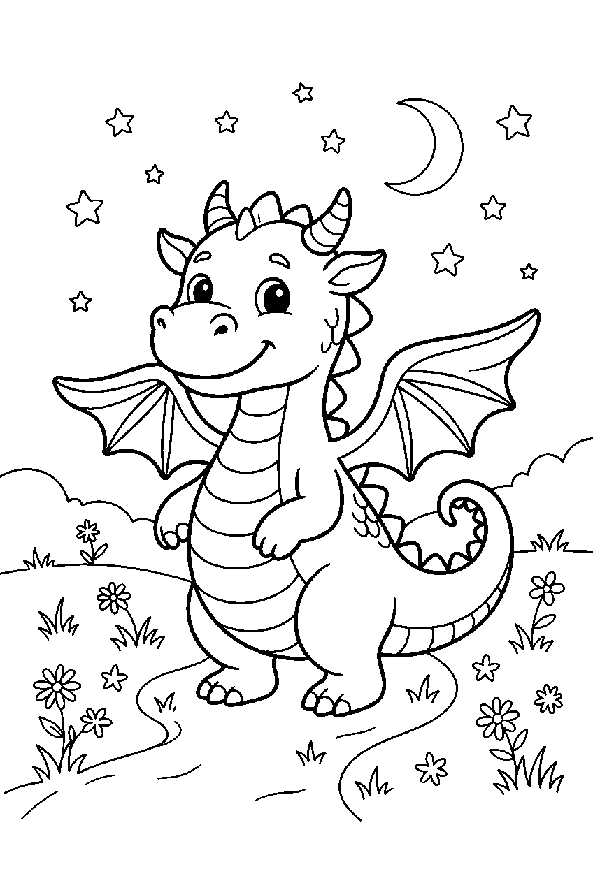 dragon in starlight meadow line art