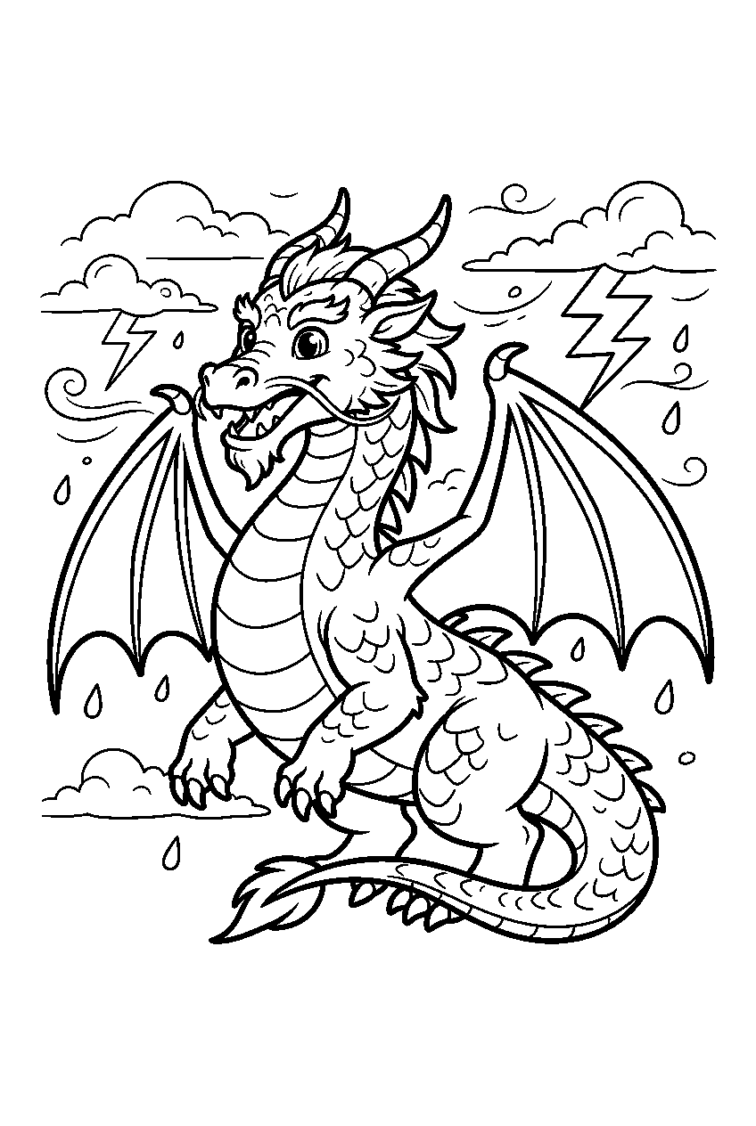 dragon in stormy sky line art