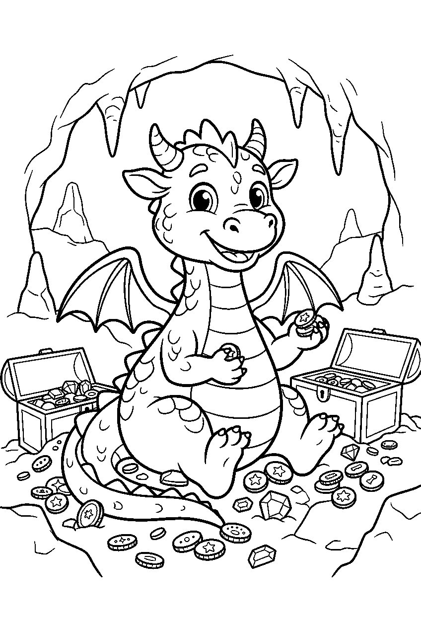 dragon in treasure cave line art