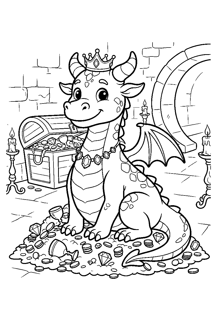 dragon in treasure chamber line art