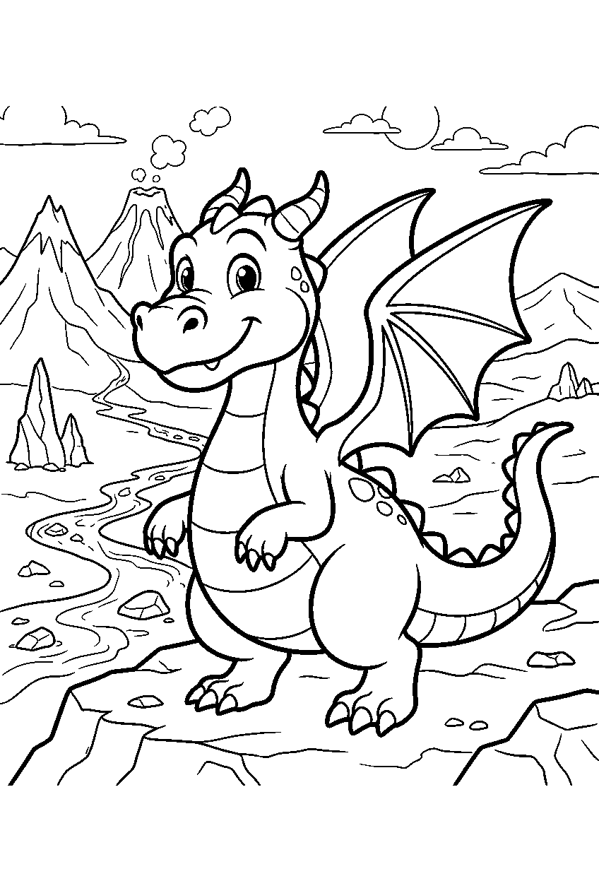 dragon in volcanic valley line art
