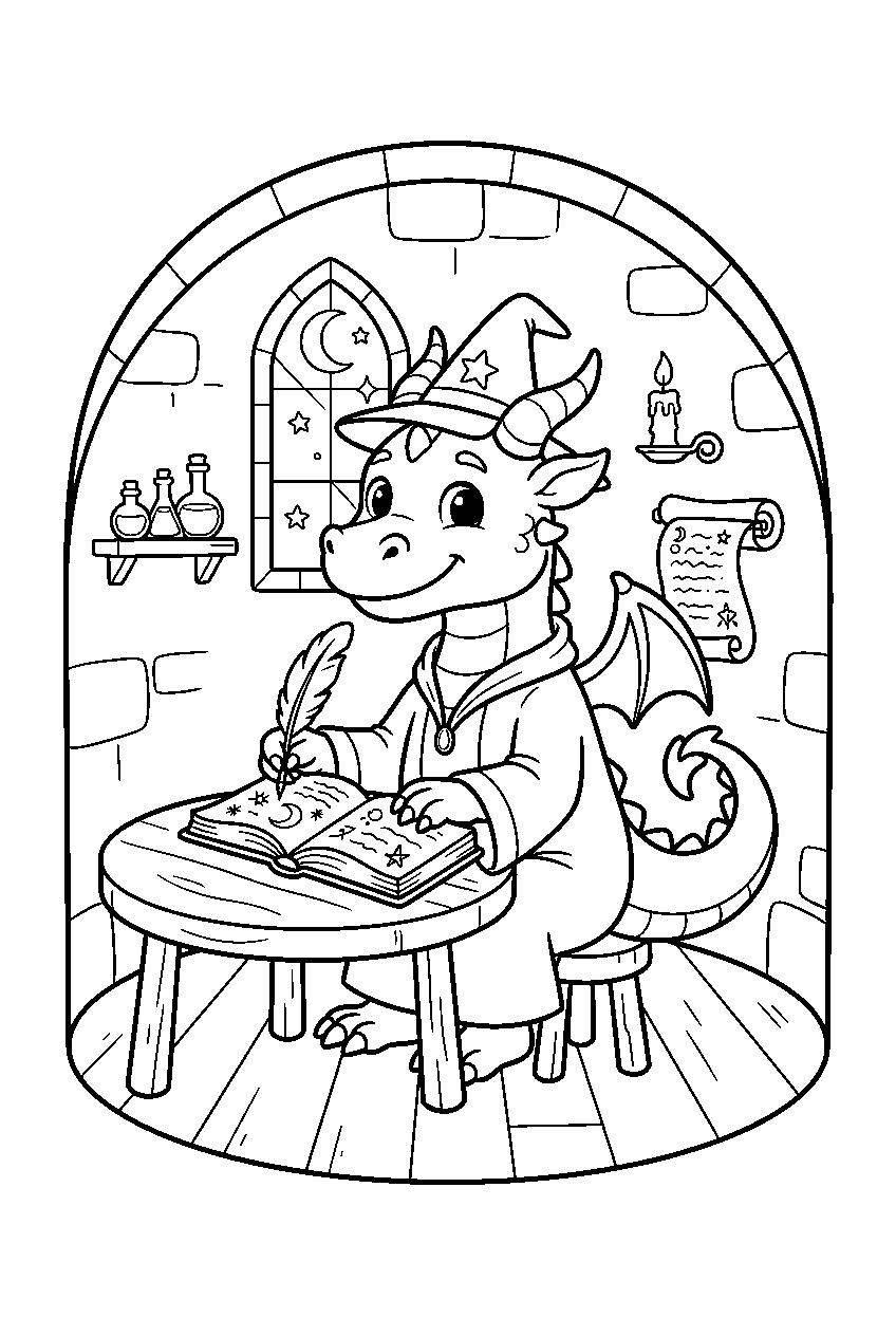 dragon in wizard tower line art