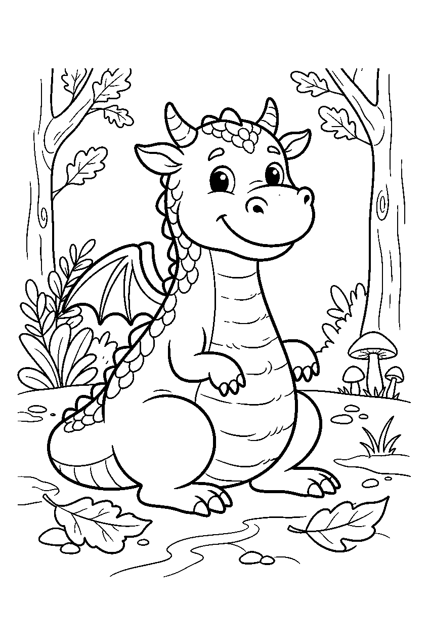 dragon in woodland clearing line art
