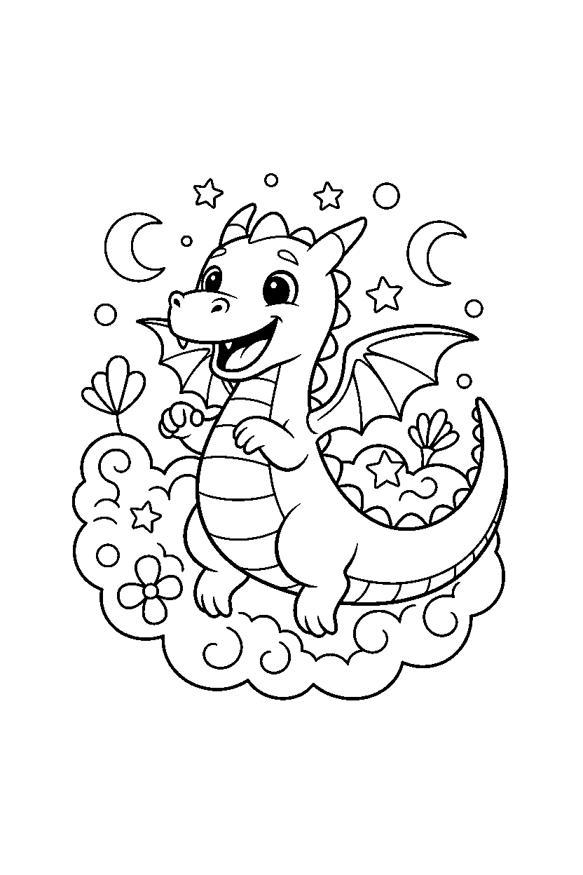 dragon jumping happily in a dream world line art