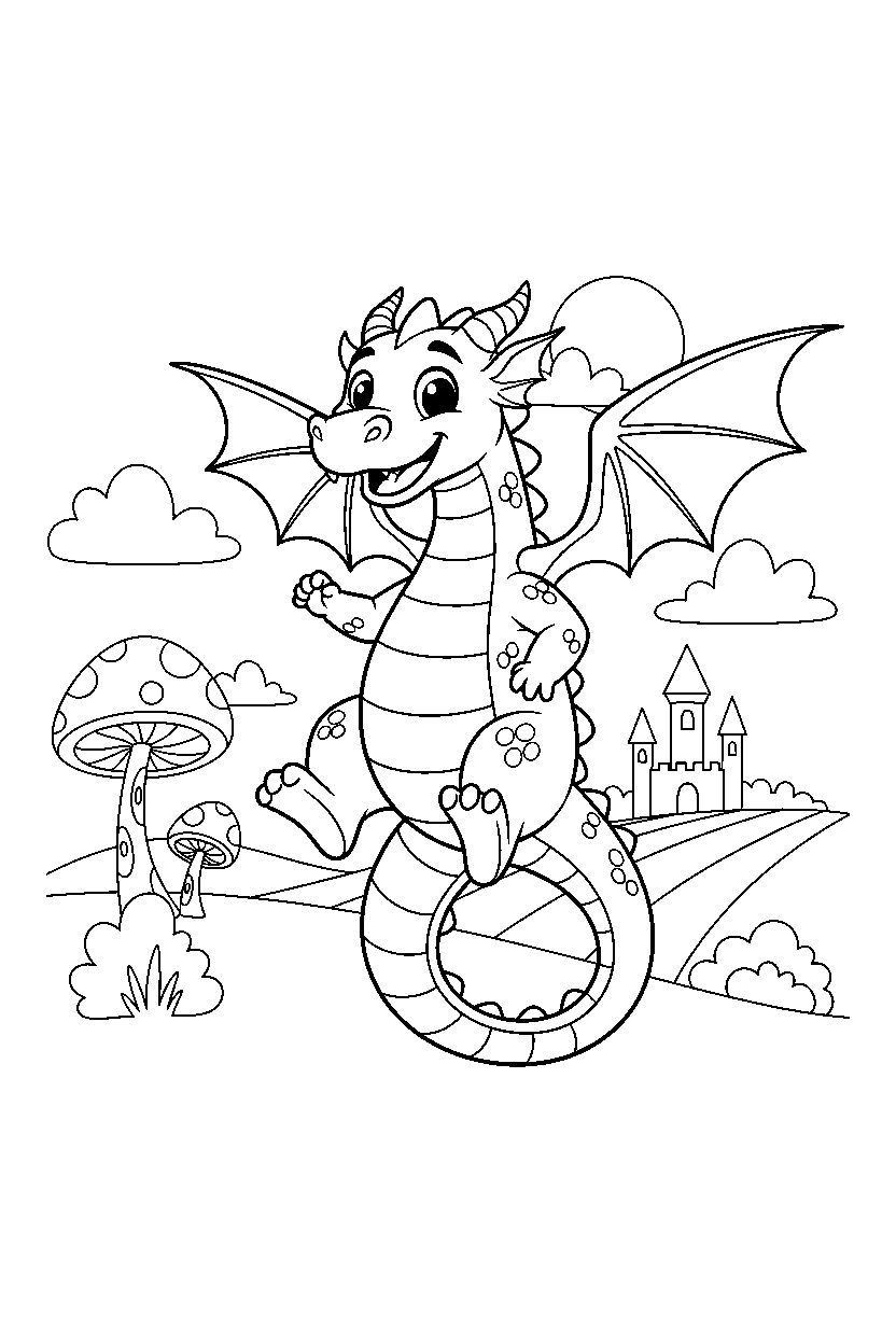 dragon jumping happily in a fantasy land line art