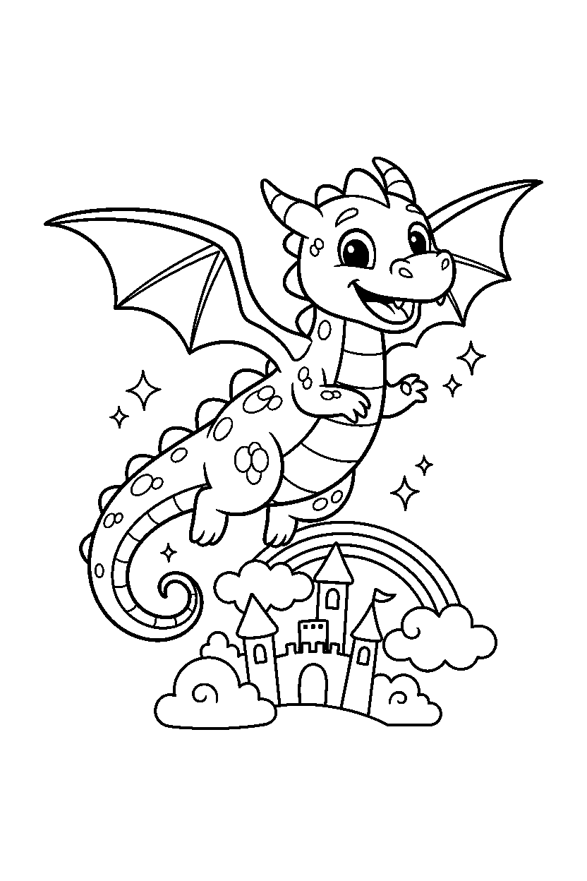 dragon jumping happily in a magic kingdom line art