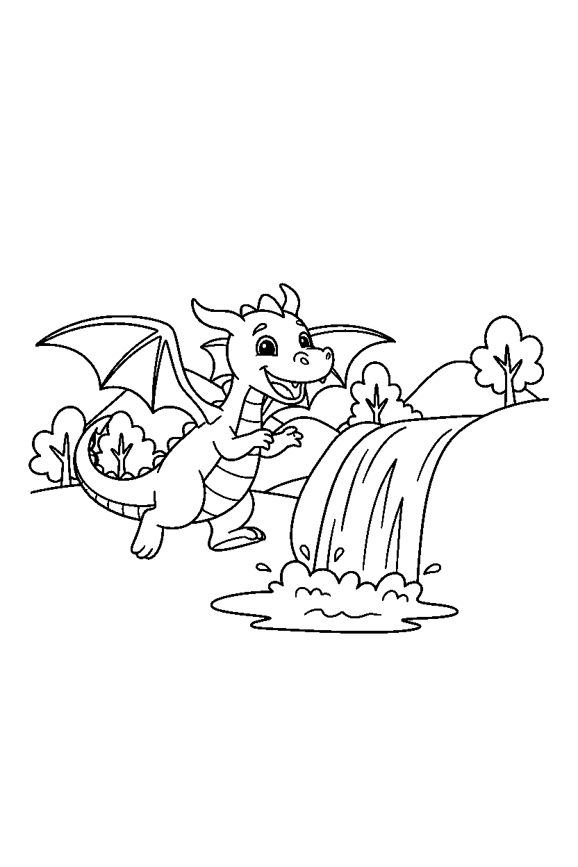 dragon jumping happily near a waterfall line art