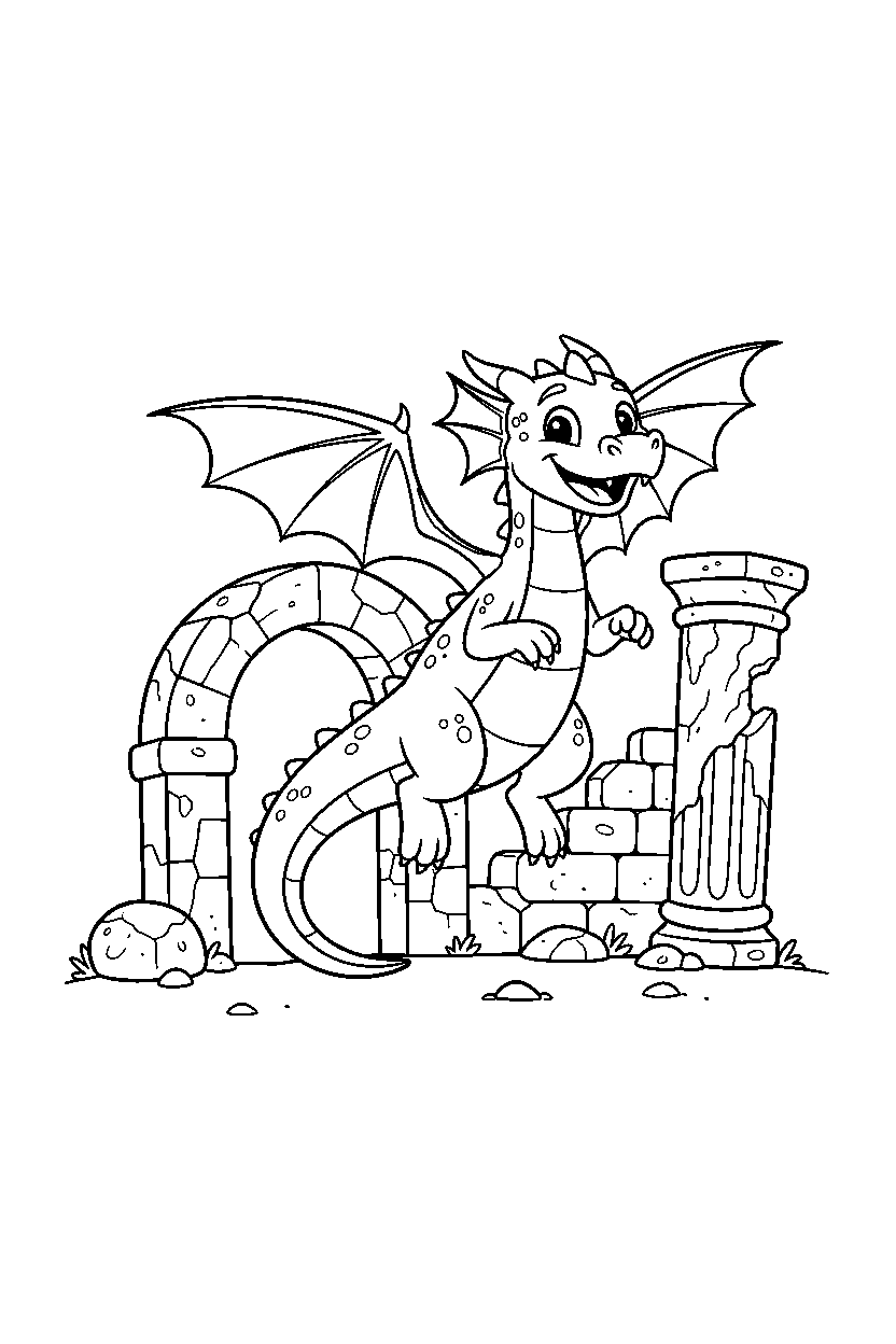 dragon jumping happily near ancient ruins line art
