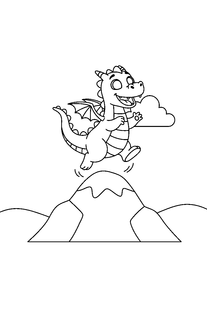 dragon jumping happily on a mountain hill line art