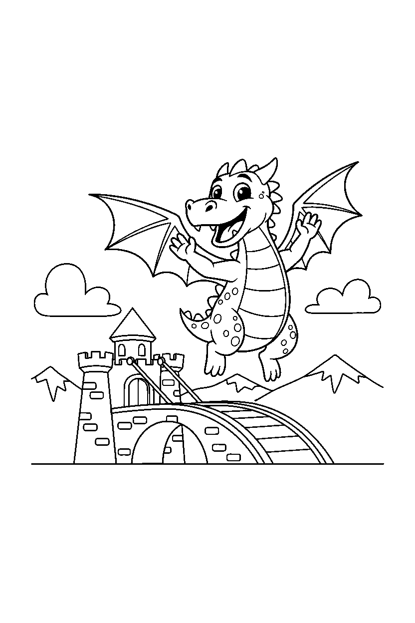 dragon jumping with joy near a castle bridge line art