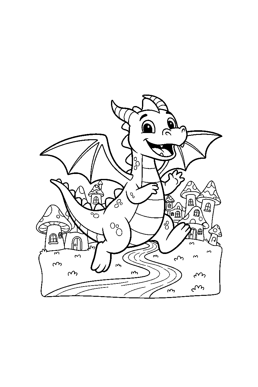 dragon jumping with joy near a fantasy village line art