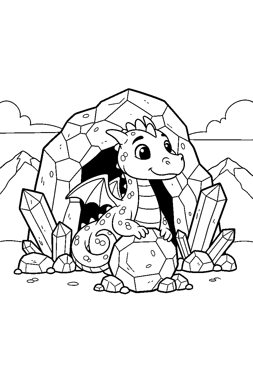 dragon looking around near a crystal cave line art