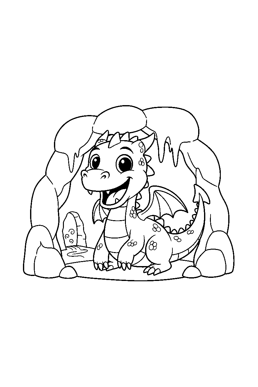 dragon looking excited in a hidden cave line art