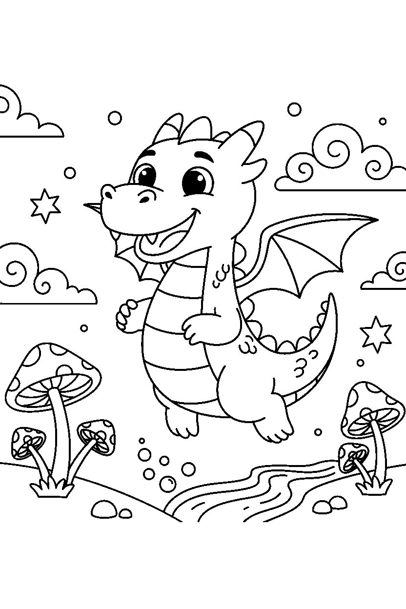 dragon looking excited in a magical landscape line art