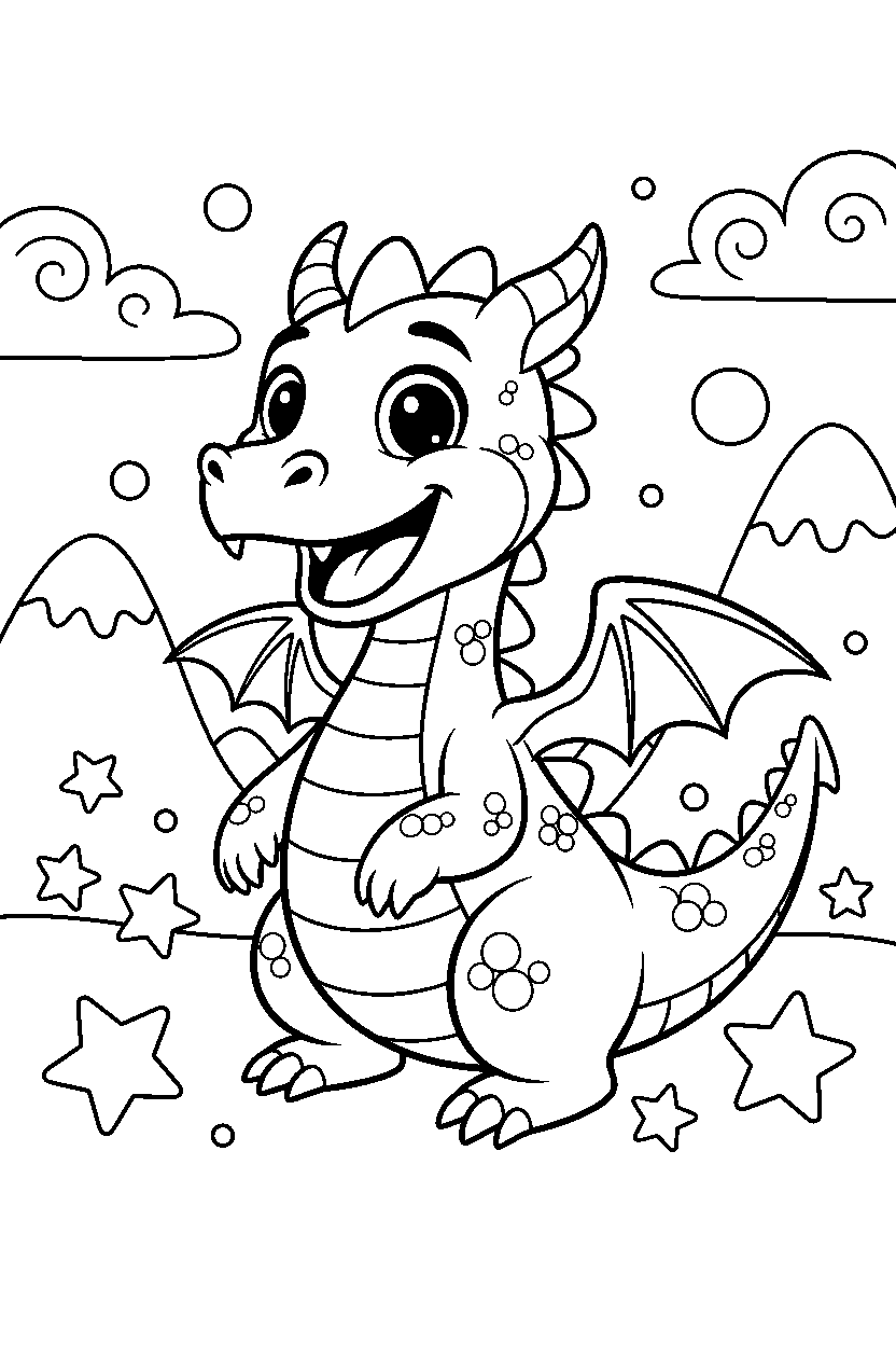 dragon looking excited in a starry valley line art
