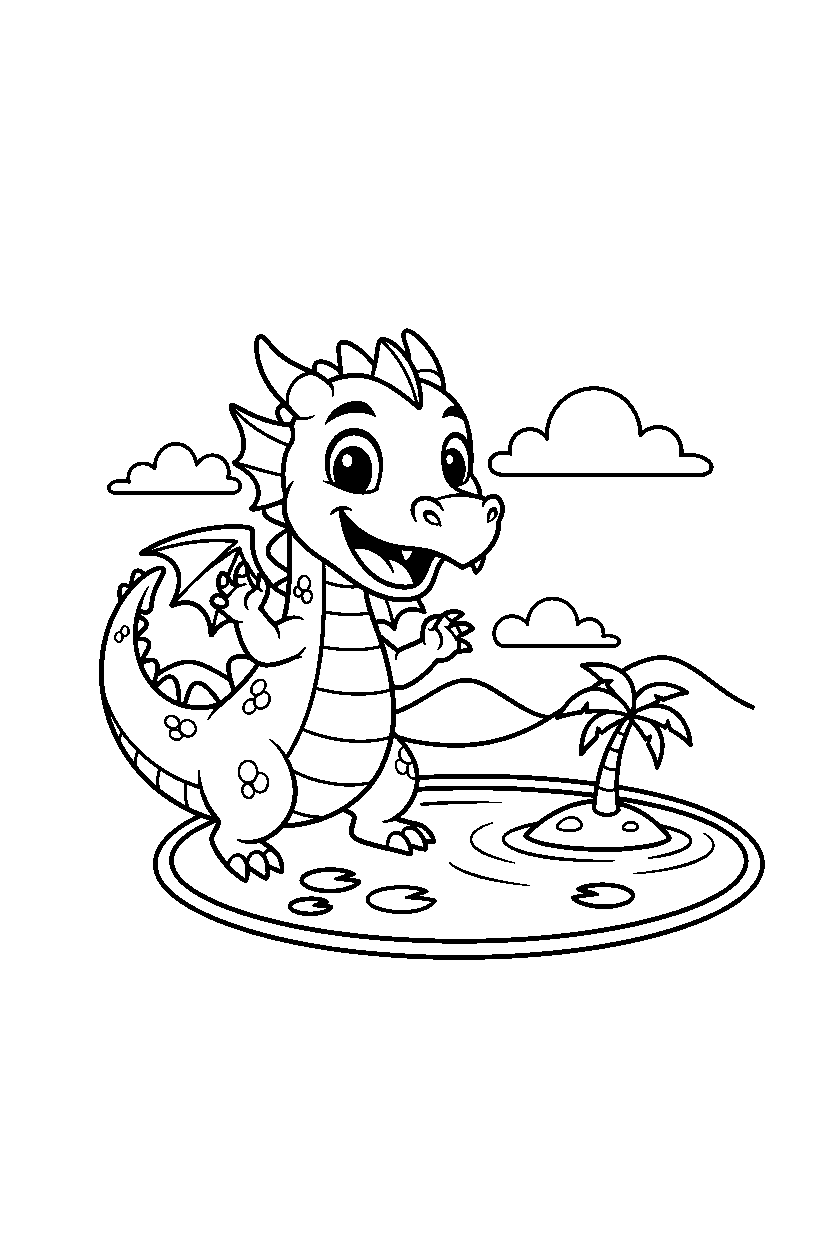 dragon looking excited near a peaceful lake line art