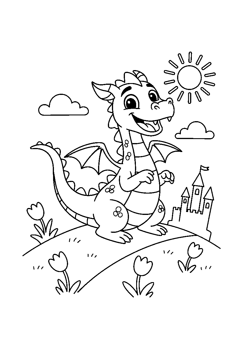 dragon looking excited on a bright hill line art