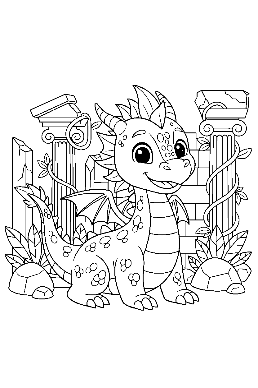 dragon looking happy near ancient ruins line art