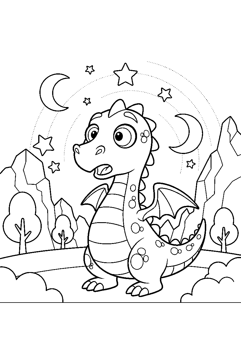dragon looking surprised in a starry valley line art