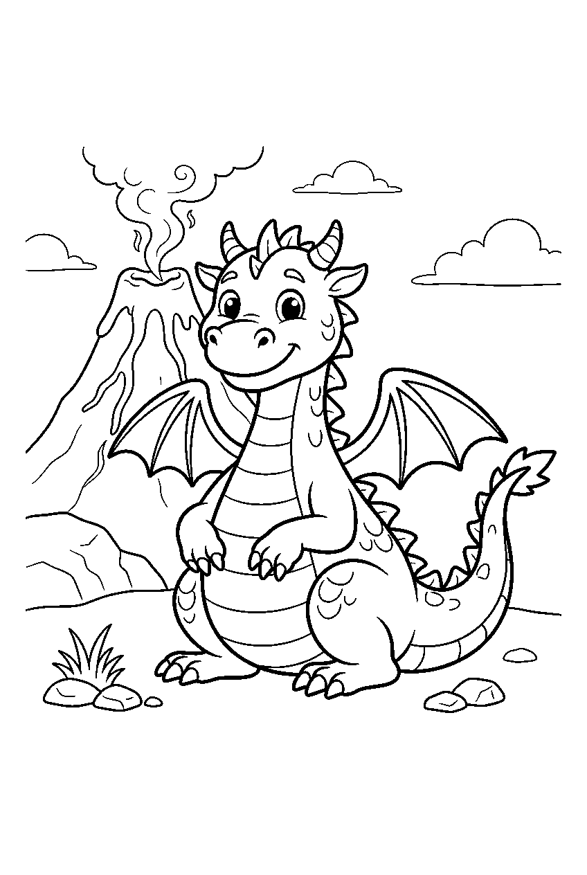 dragon near volcano line art