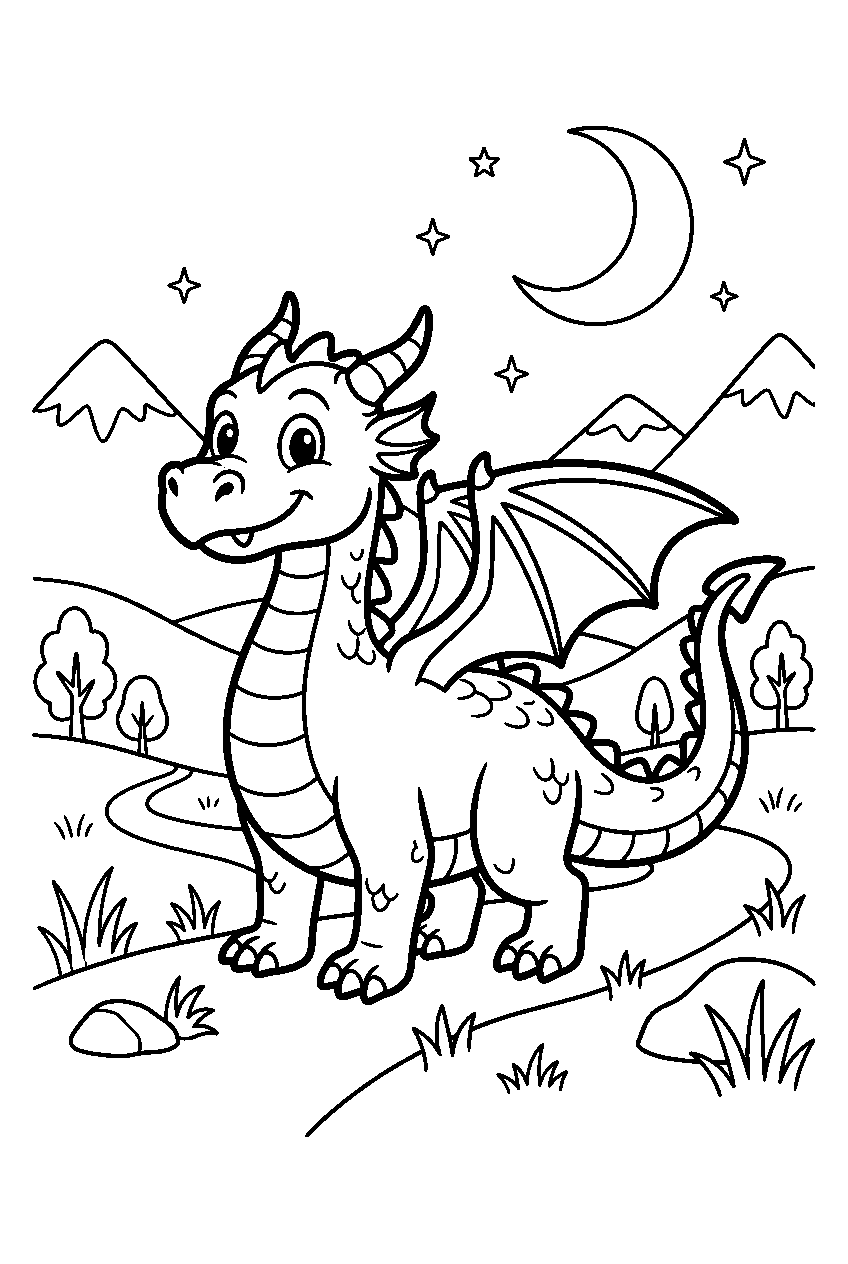 dragon posing in moonlit valley line art