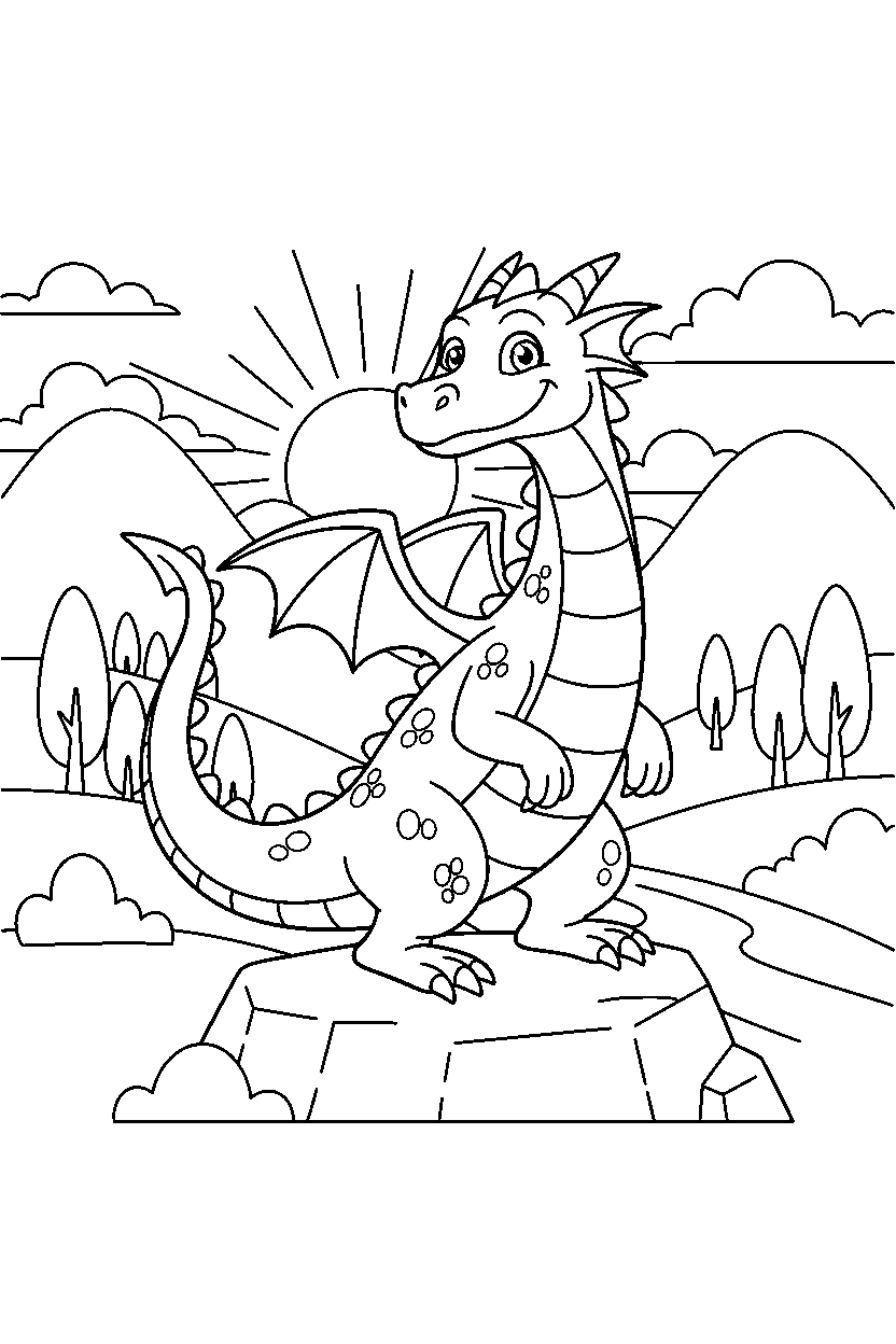 dragon posing proudly in a glowing valley line art