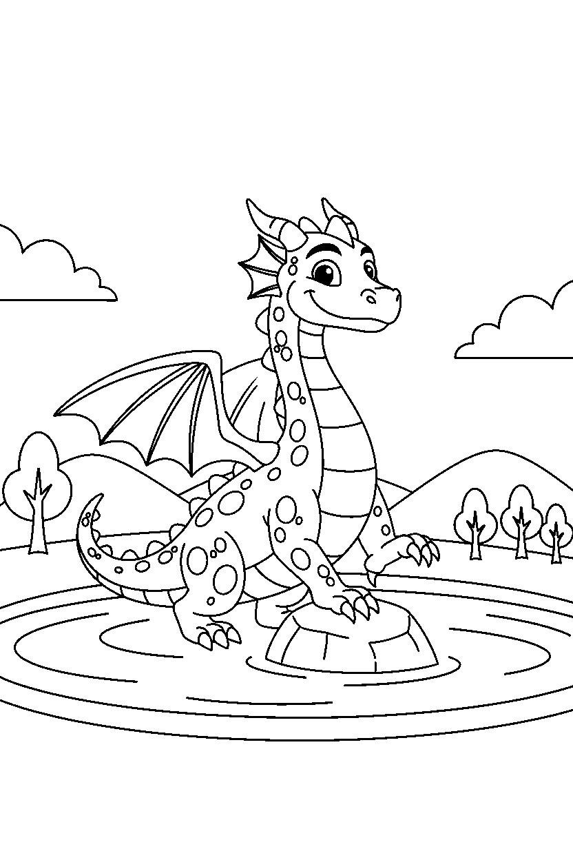 dragon posing proudly near a peaceful lake line art
