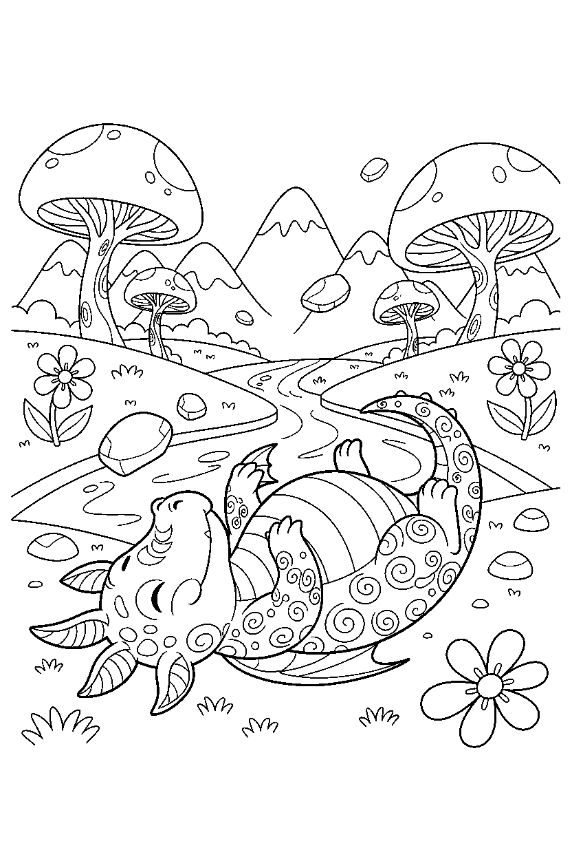 dragon relaxing peacefully in a dragon valley line art