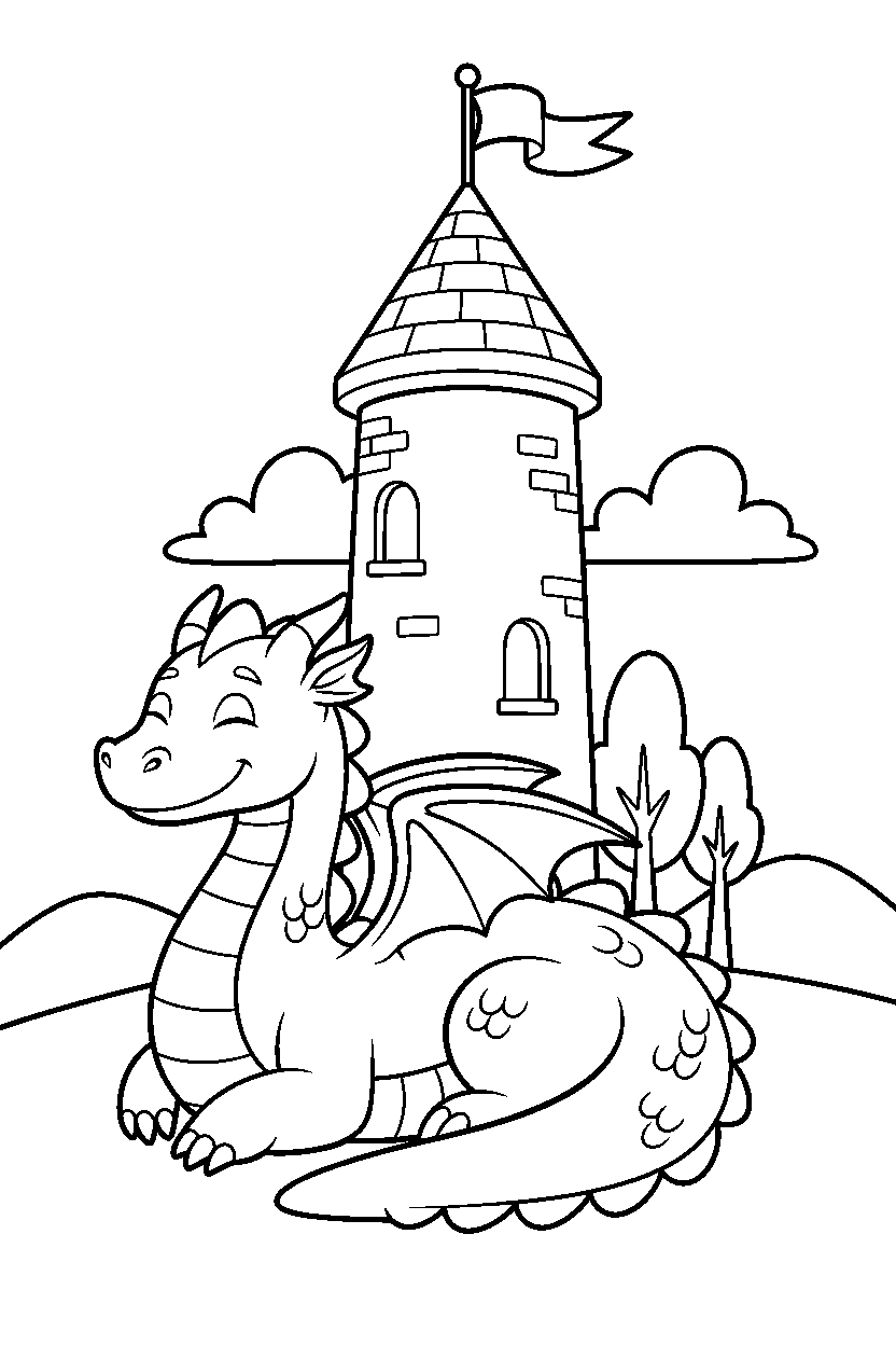 dragon relaxing peacefully near a castle tower line art