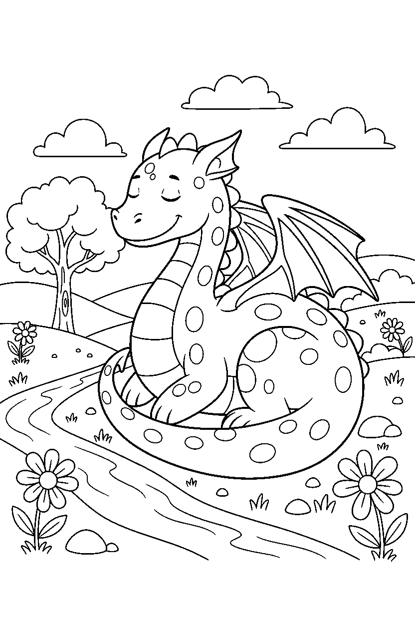 dragon resting peacefully in a peaceful countryside line art