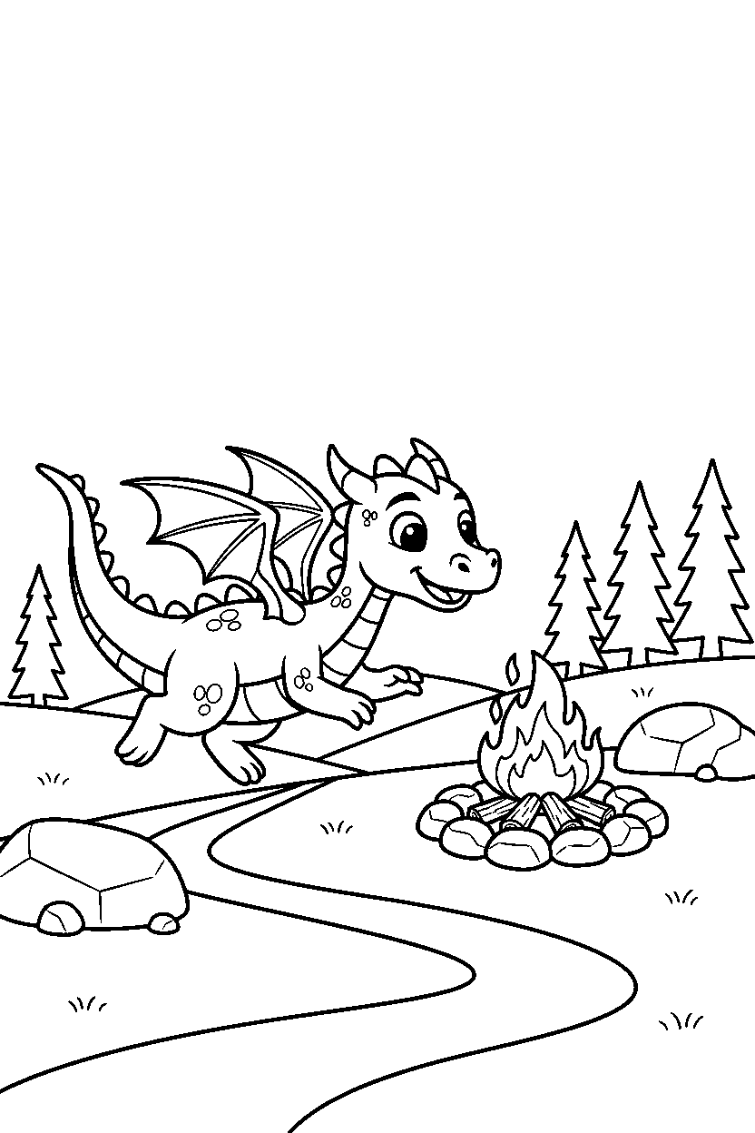 dragon running at campfire spot line art