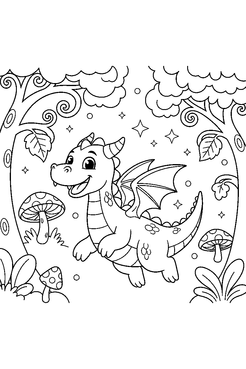 dragon running happily in a magical forest line art