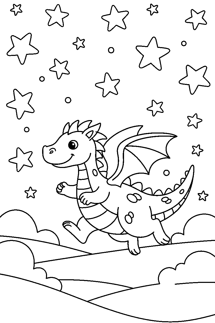 dragon running happily in a starry valley line art