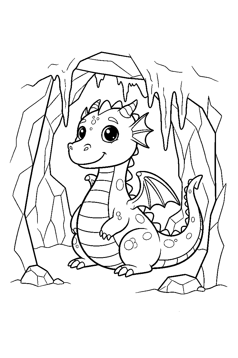dragon sitting in icy cave line art