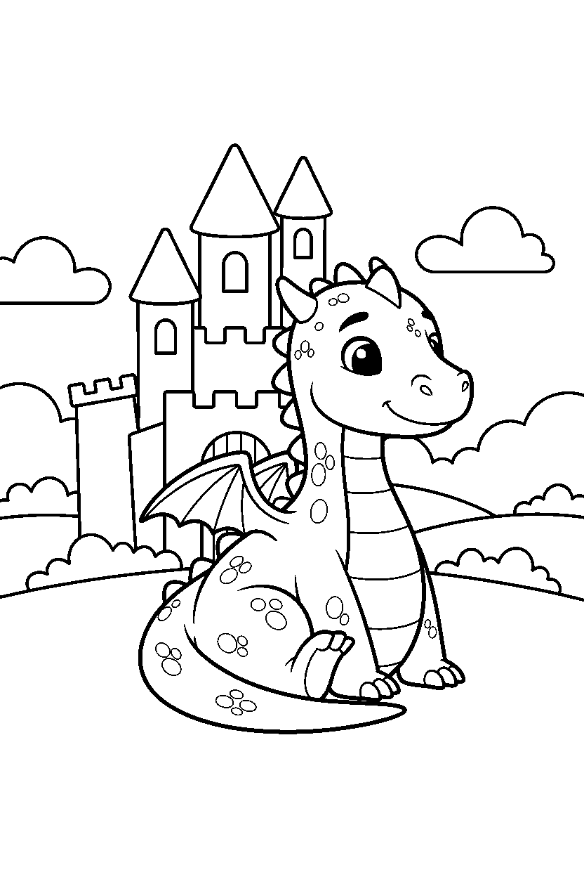 dragon sitting peacefully near a castle line art
