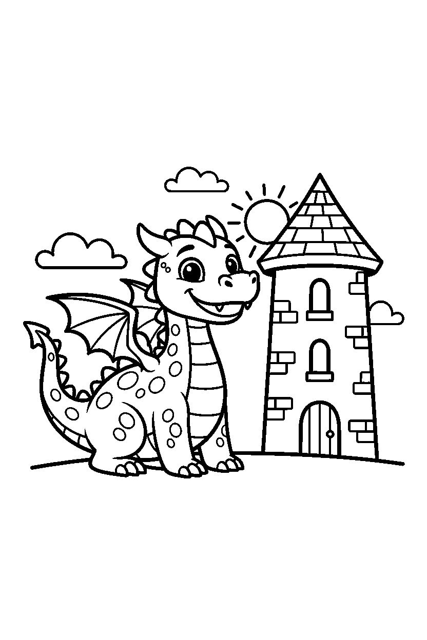 dragon smiling happily near a castle tower line art