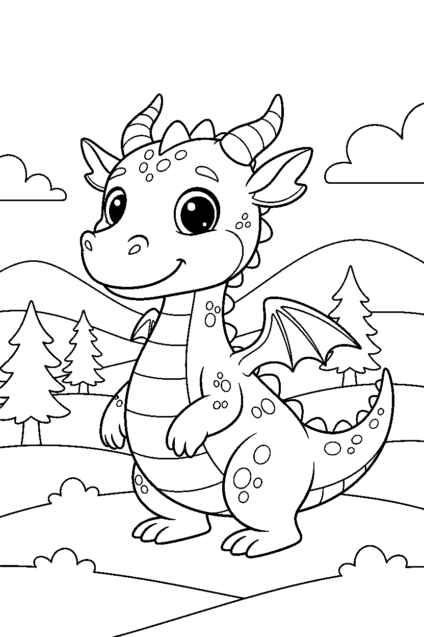 dragon smiling in snowy field line art