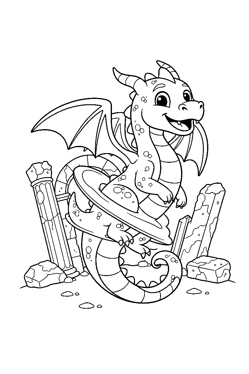 dragon spinning happily near ancient ruins line art