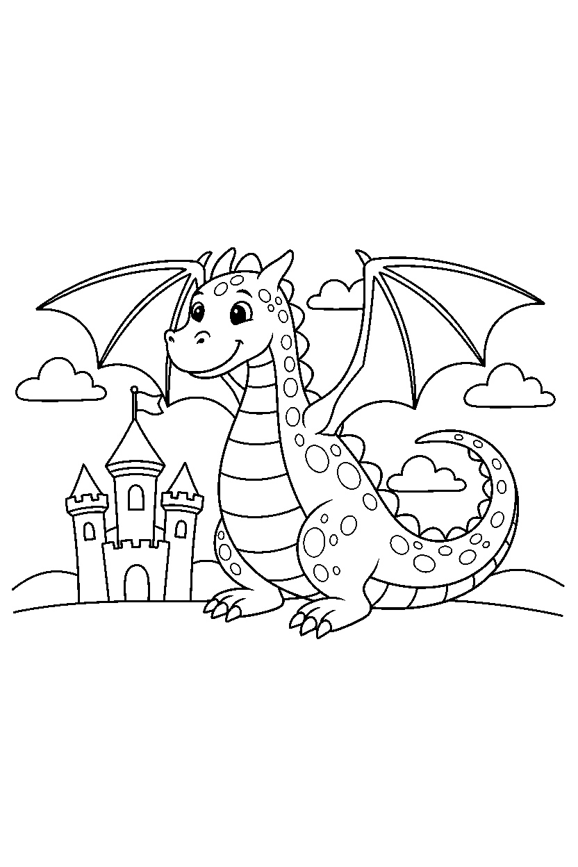 dragon spreading wings near a castle line art