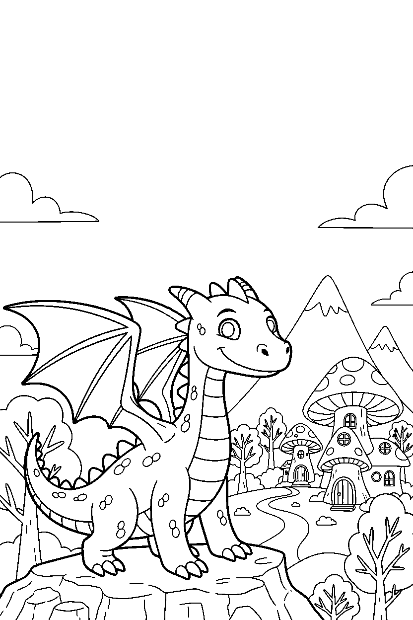 dragon spreading wings near a fantasy village line art