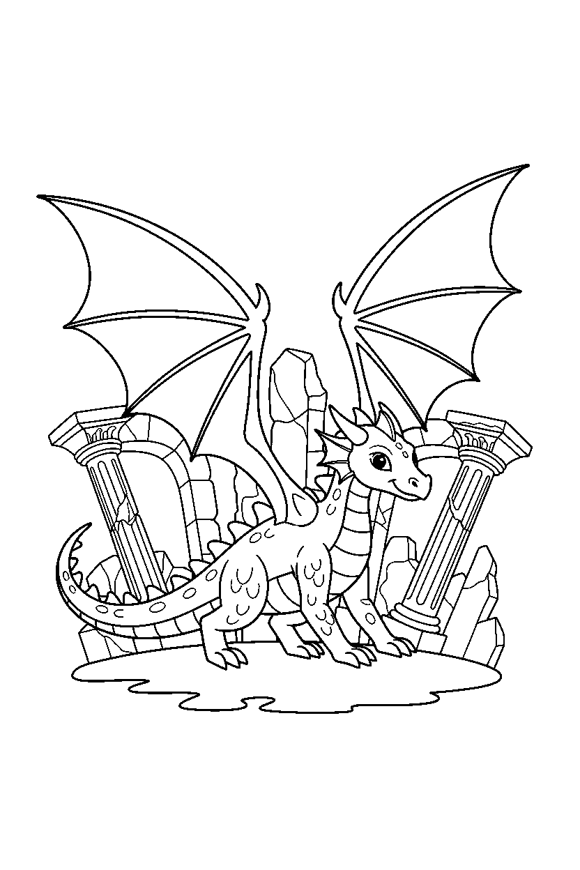 dragon spreading wings near ancient ruins line art