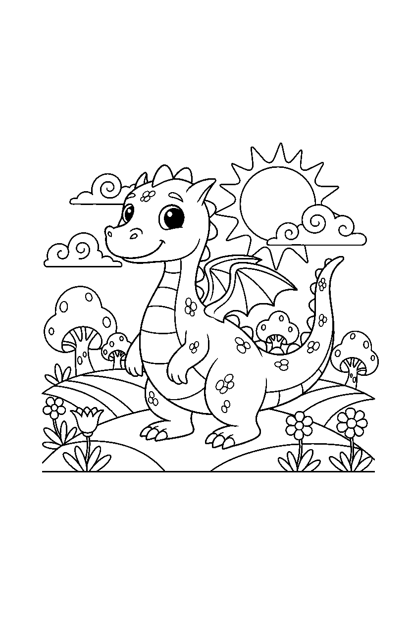 dragon standing bravely in a colorful world line art